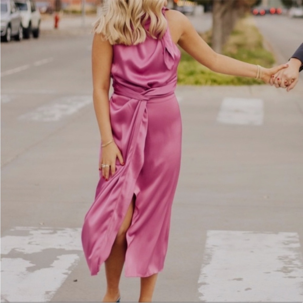 Nanushka Satin Knot-Waist Midi Dress in Fuchsia - Picture 5 of 13